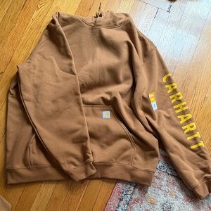Carhartt Men’s Brown Hoodie with Yellow Sleeve Logo